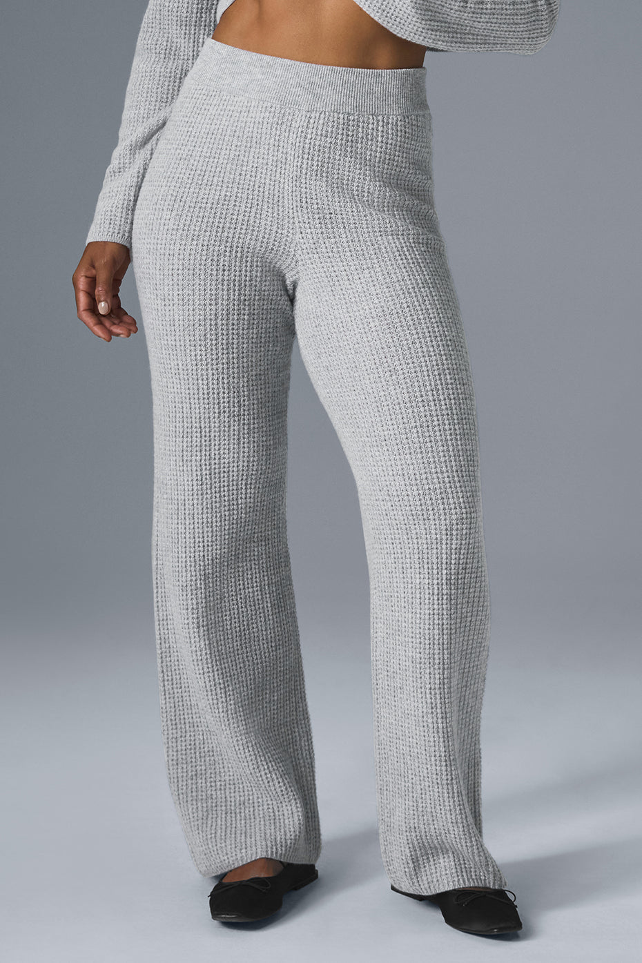 Pantalon taille haute en cachemire gaufré douillet - Gris chiné sport