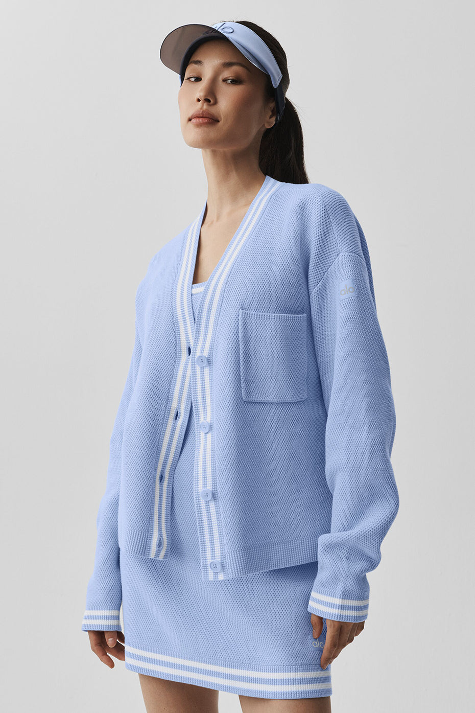 Cardigan en maille Tennis Club - Bleu Provence clair/Blanc