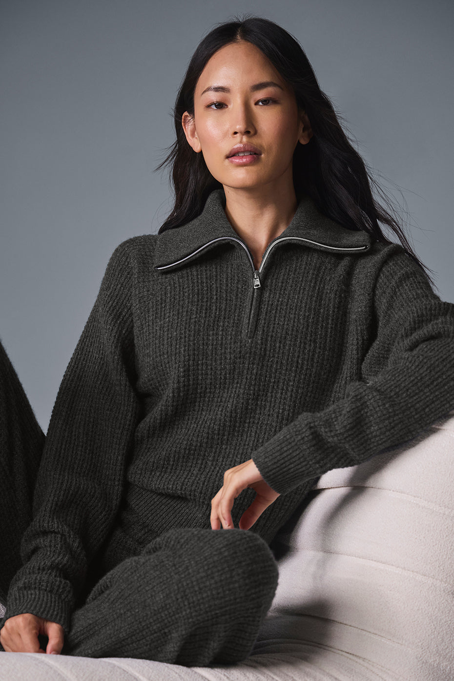Pull à col zippé 1/4 en cachemire gaufré douillet - Gris foncé chiné