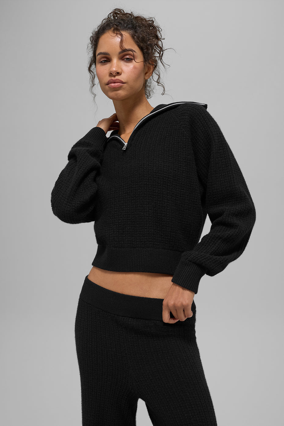 Pull à col zippé 1/4 en cachemire gaufré douillet - Noir