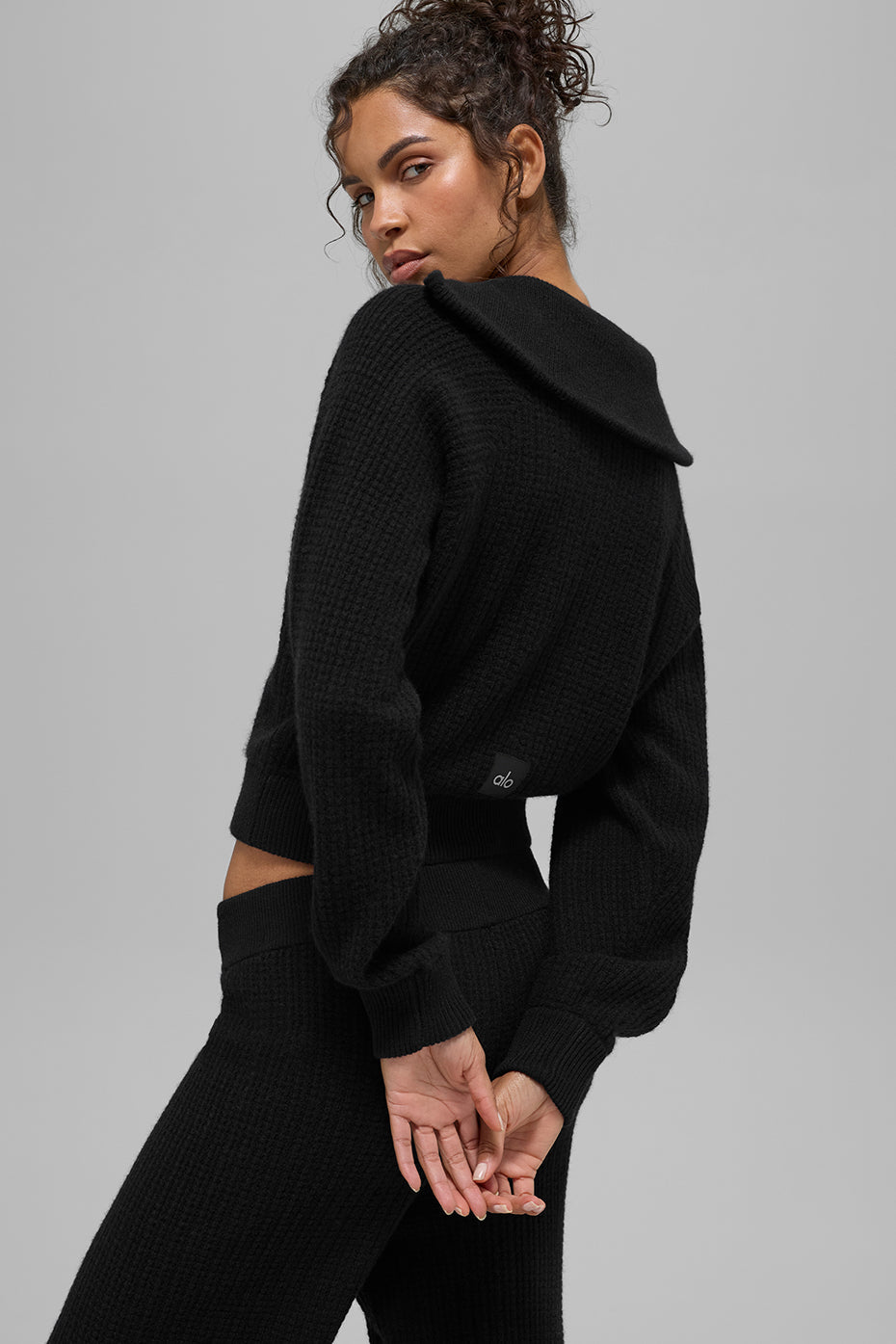 Pull à col zippé 1/4 en cachemire gaufré douillet - Noir