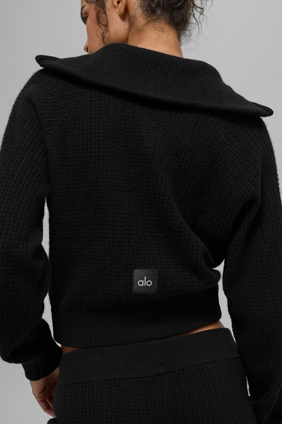 Pull à col zippé 1/4 en cachemire gaufré douillet - Noir