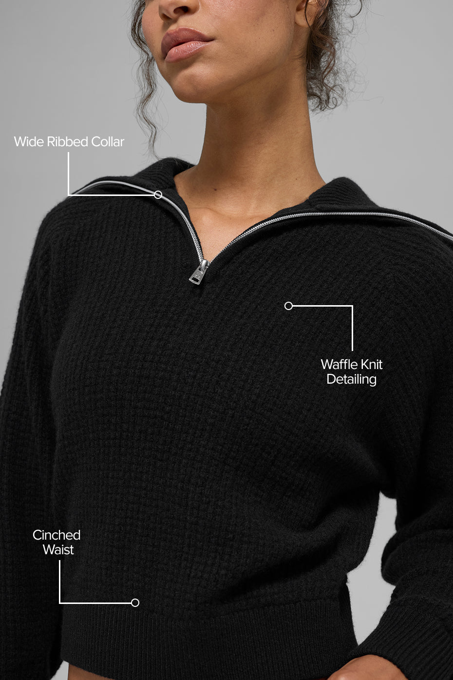Pull à col zippé 1/4 en cachemire gaufré douillet - Noir