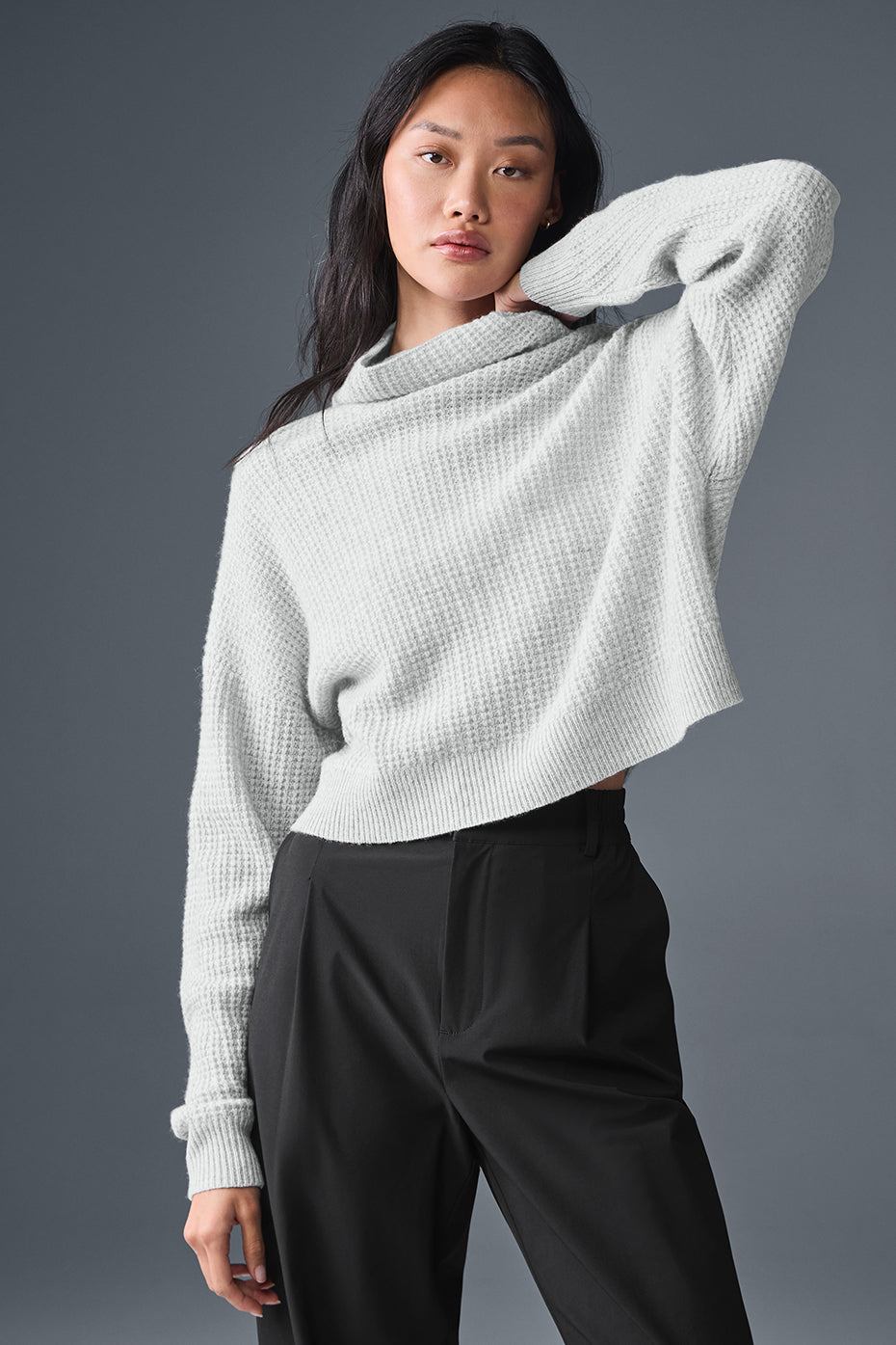 Pull à col roulé en cachemire gaufré douillet - Gris chiné sport