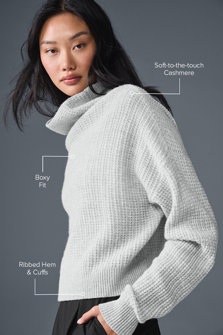Pull à col roulé en cachemire gaufré douillet - Gris chiné sport