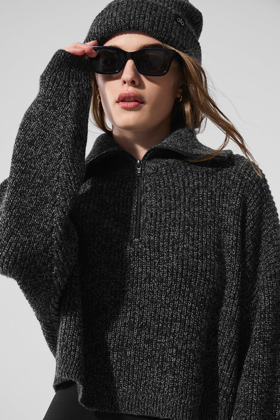 Pull à col zippé 1/4 en maille chinée - Noir chiné