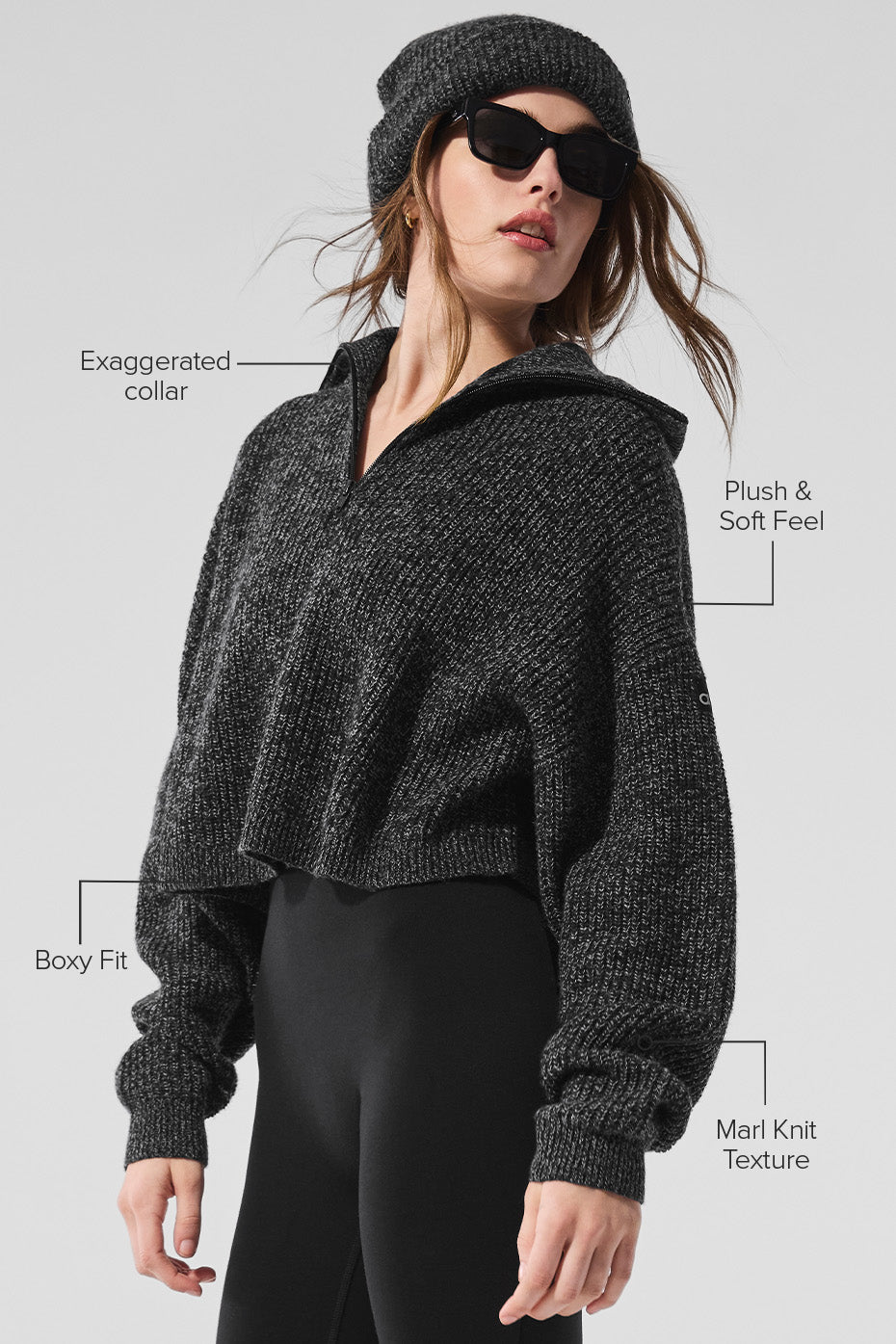 Pull à col zippé 1/4 en maille chinée - Noir chiné