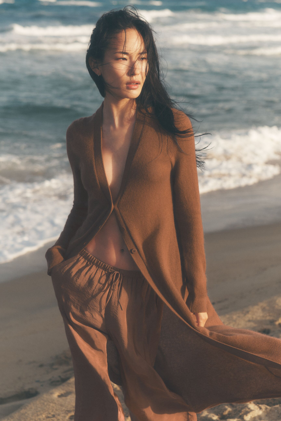 Cardigan long transparent en cachemire - Brun ensoleillé