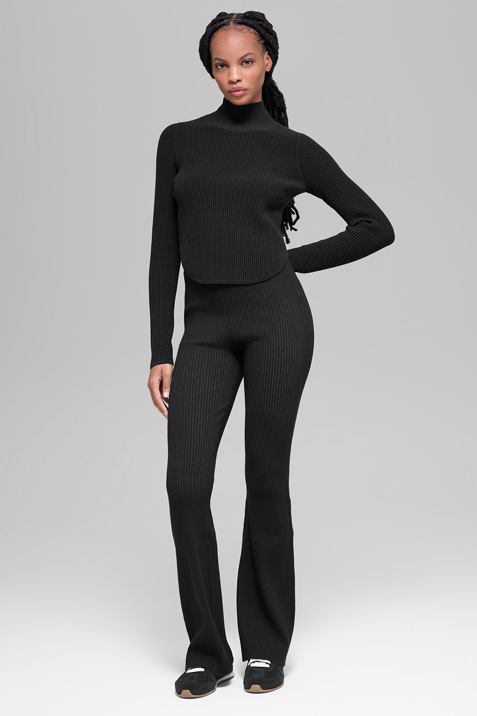 Haut dos nu à manches longues en maille denim - Noir/Anthracite