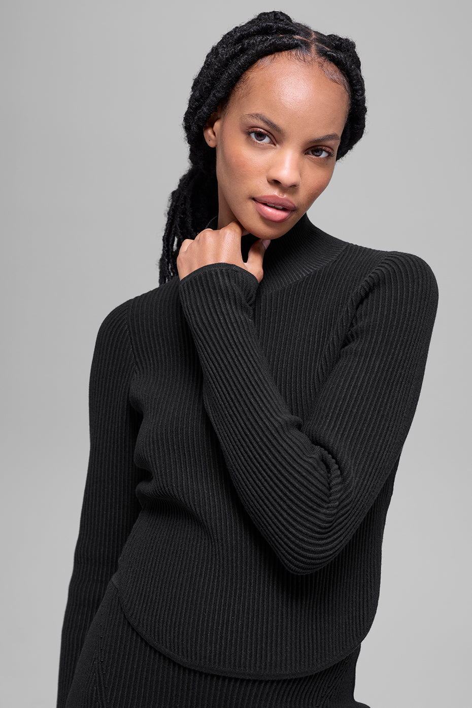 Haut dos nu à manches longues en maille denim - Noir/Anthracite