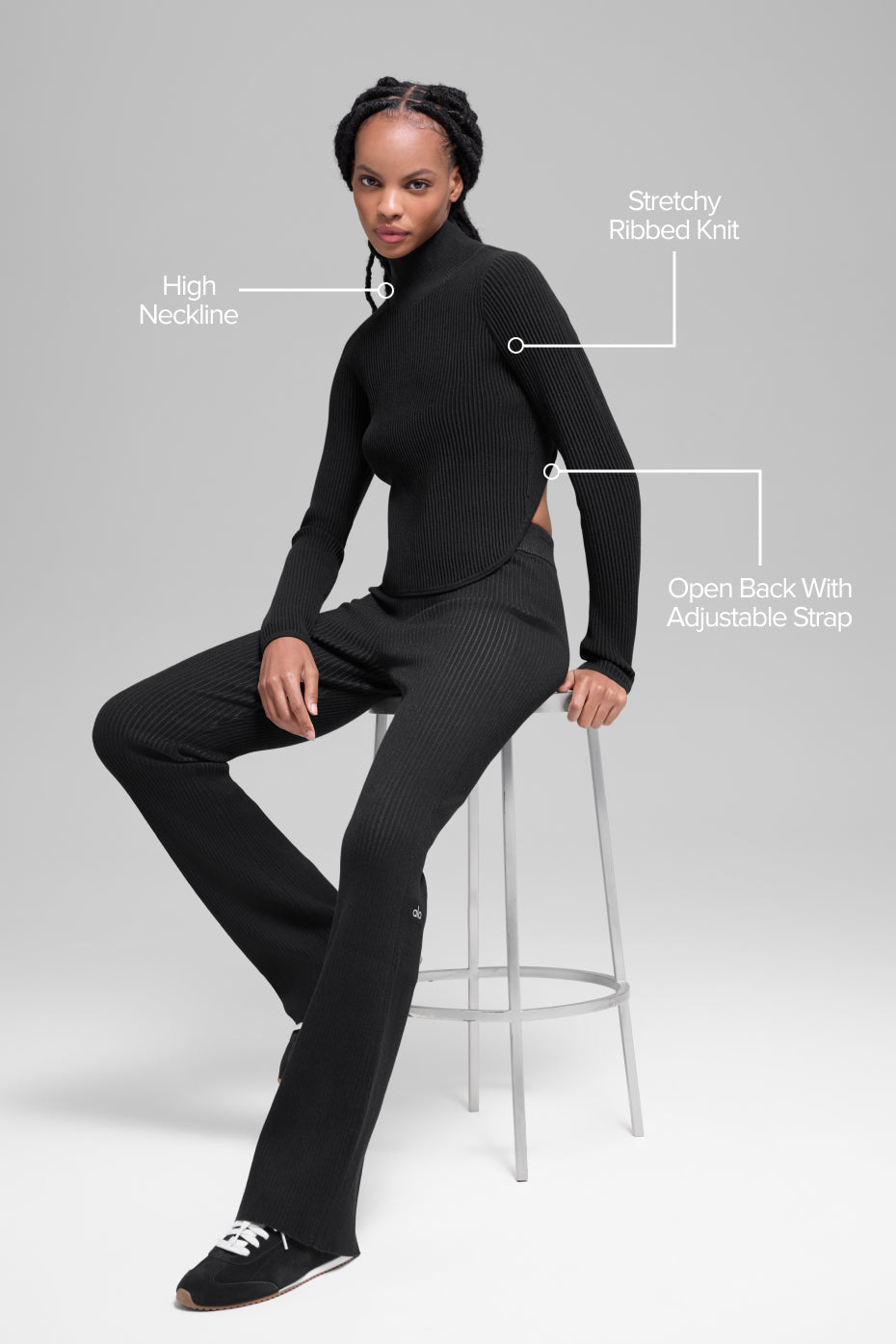 Haut dos nu à manches longues en maille denim - Noir/Anthracite