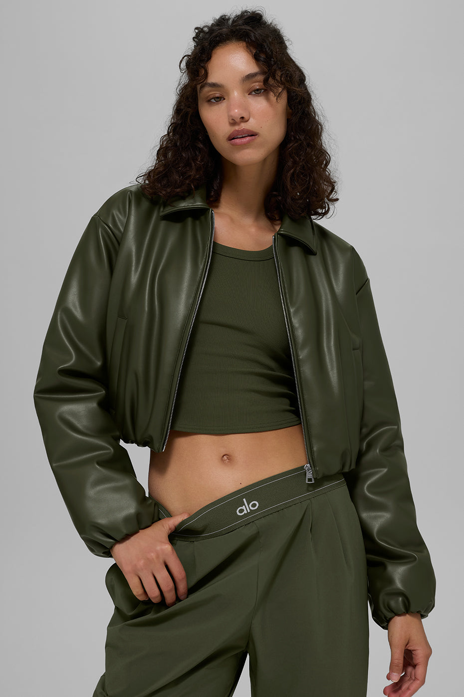 Blouson aviateur court Premier en simili cuir - Olive verte