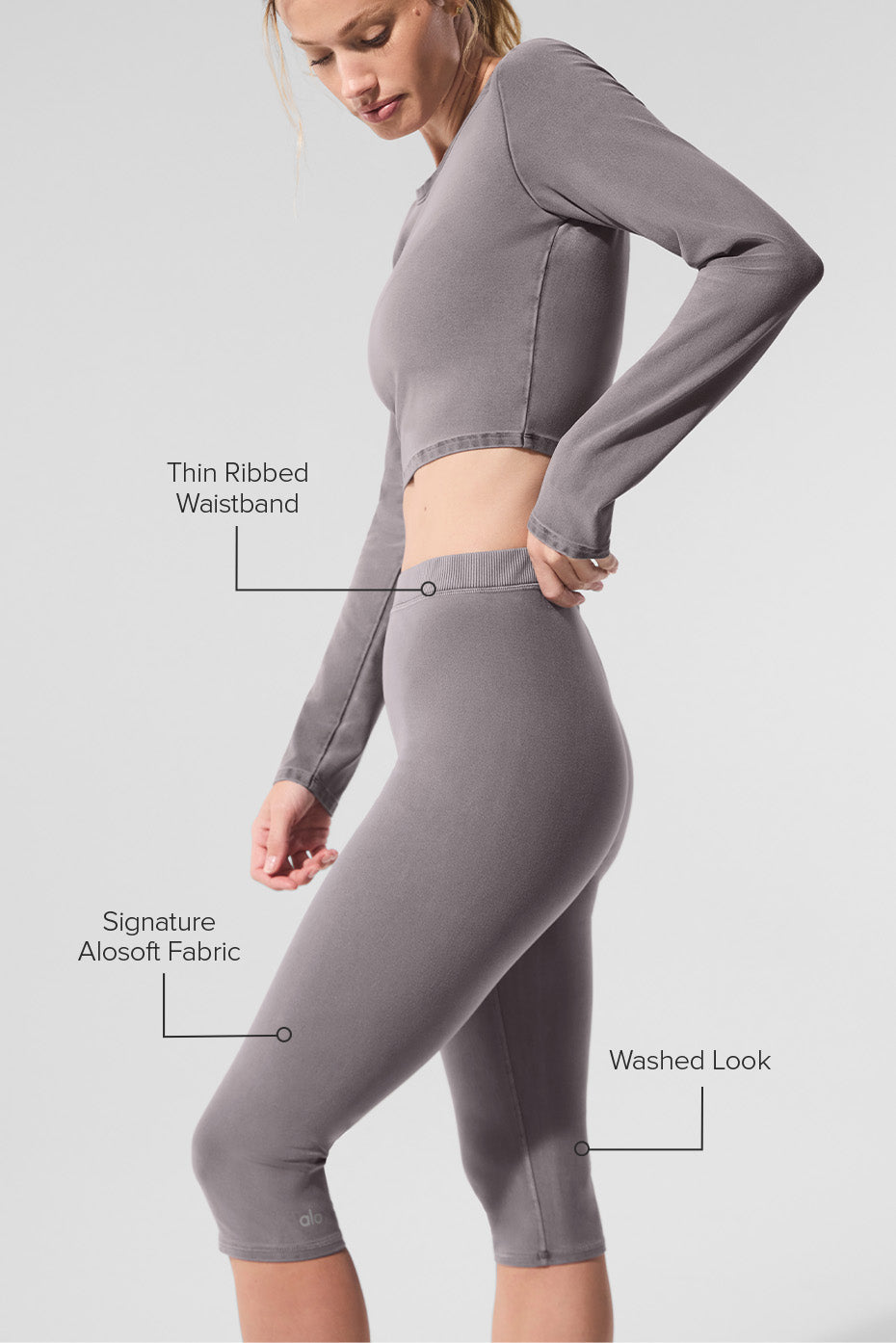 Legging corsaire taille haute Alosoft Iconic 90's délavé - Gris froid délavé