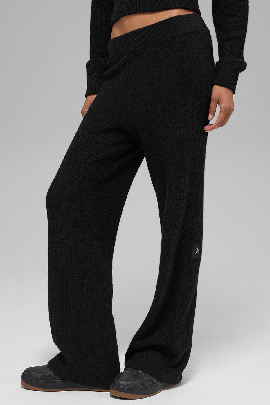 Pantalon taille haute en cachemire gaufré douillet - Noir