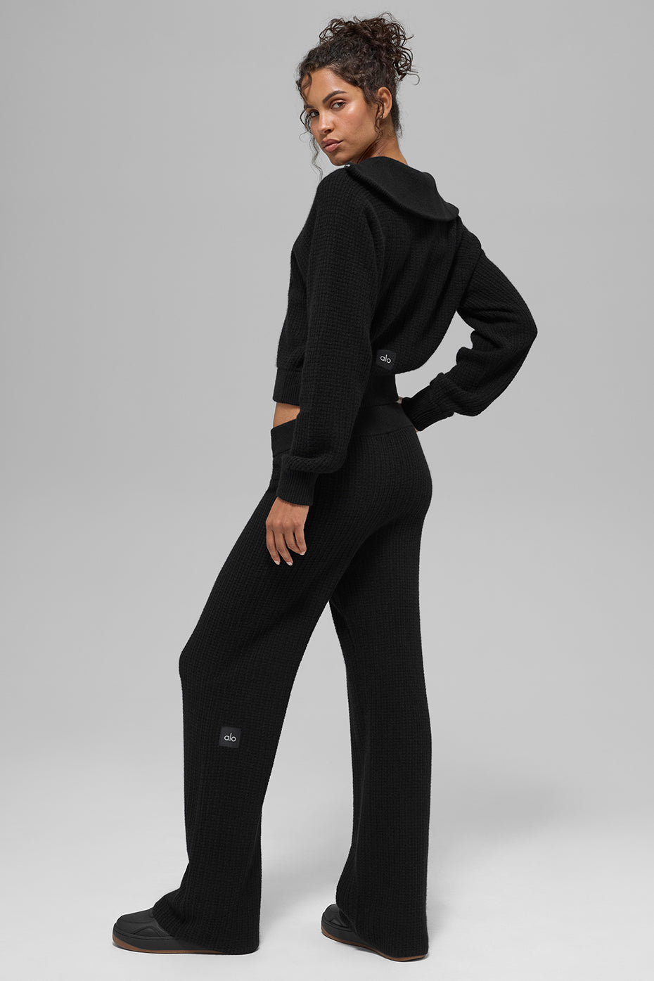Pantalon taille haute en cachemire gaufré douillet - Noir