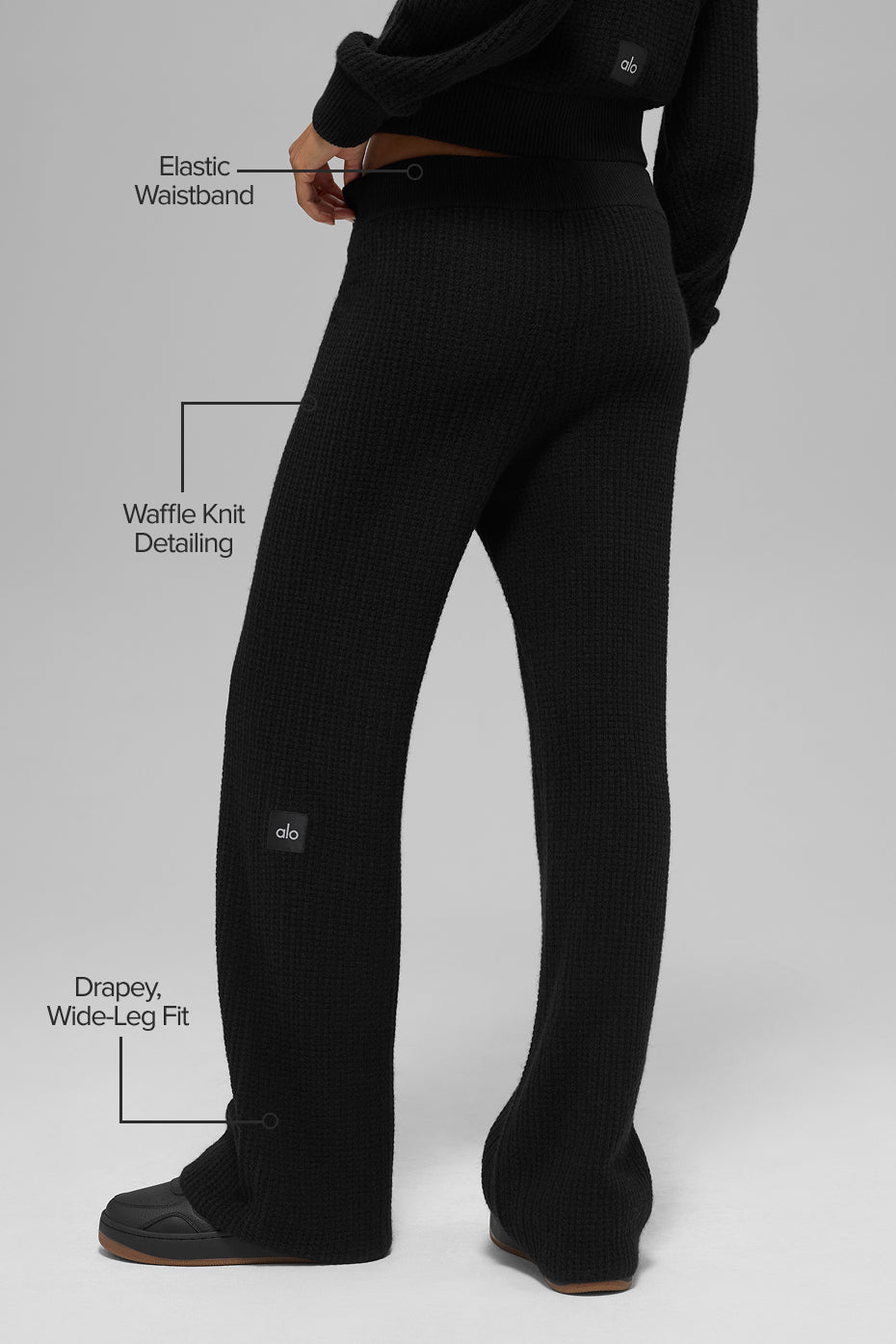 Pantalon taille haute en cachemire gaufré douillet - Noir