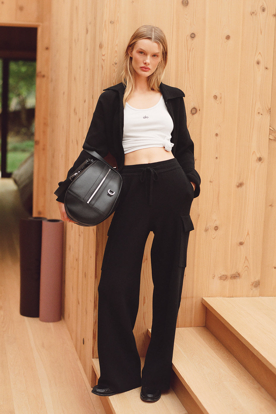 Pantalon cargo taille haute Scholar en maille - Noir