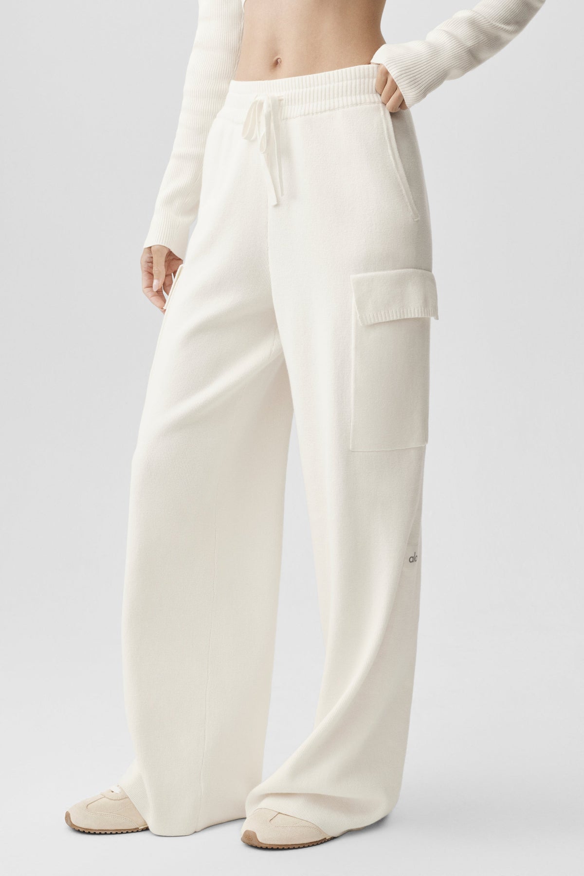 Pantalon cargo taille haute Scholar en maille - Ivoire