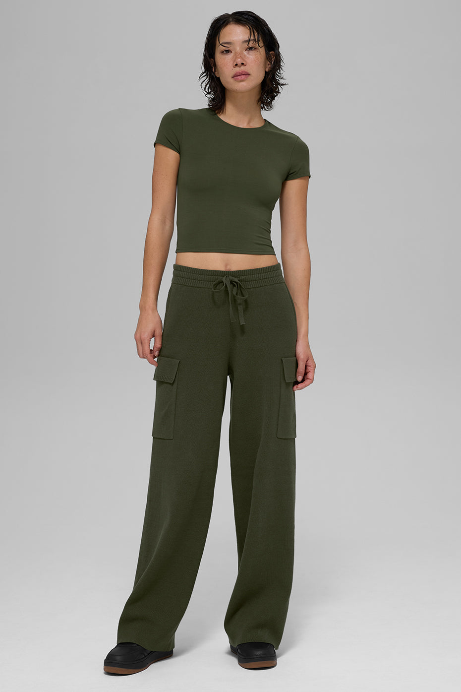 Pantalon cargo taille haute Scholar en maille - Olive verte