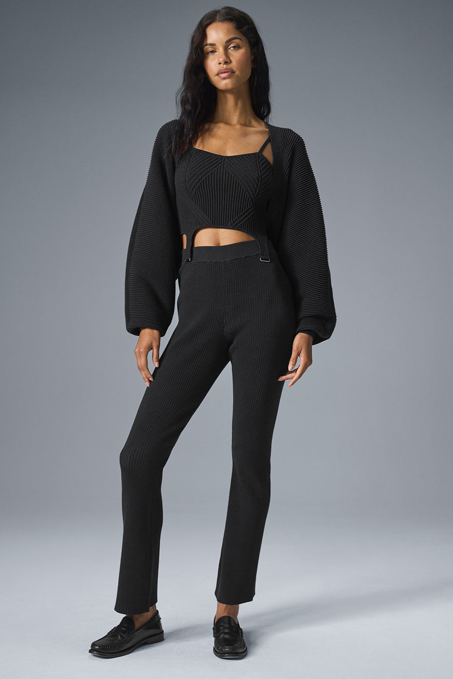 Pantalon évasé taille haute en maille denim - Noir/Anthracite