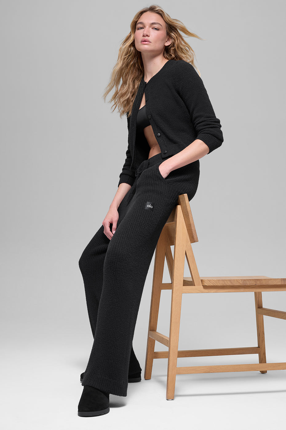 Pantalon large taille haute Snuggle Up en maille - Noir