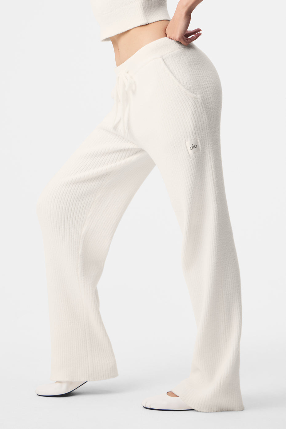 Pantalon large taille haute Snuggle Up en maille - Ivoire