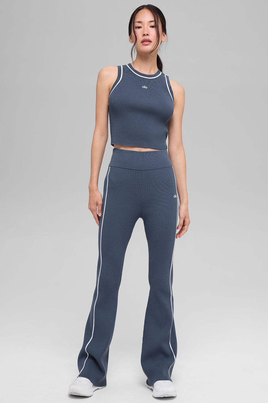 Pantalon évasé Highline en maille côtelée - Bleu pierre/Blanc