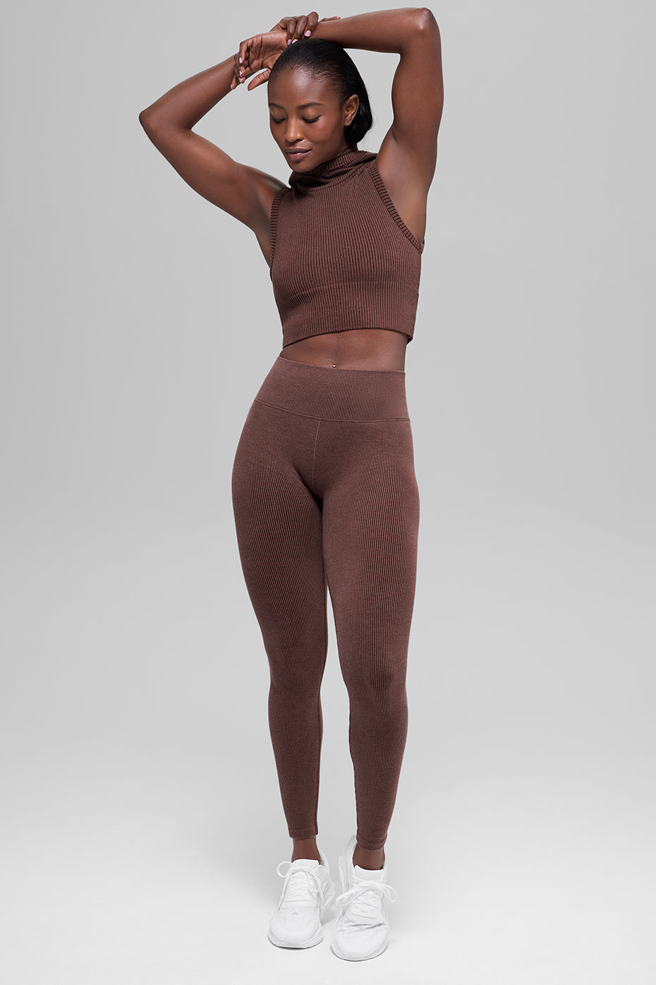 Legging taille haute bicolore côtelé sans coutures - Brun pierre chiné