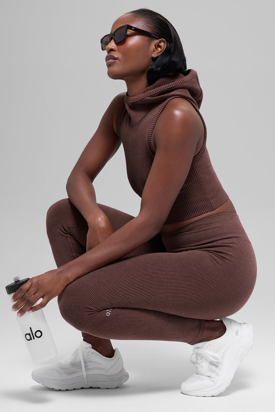 Legging taille haute bicolore côtelé sans coutures - Brun pierre chiné