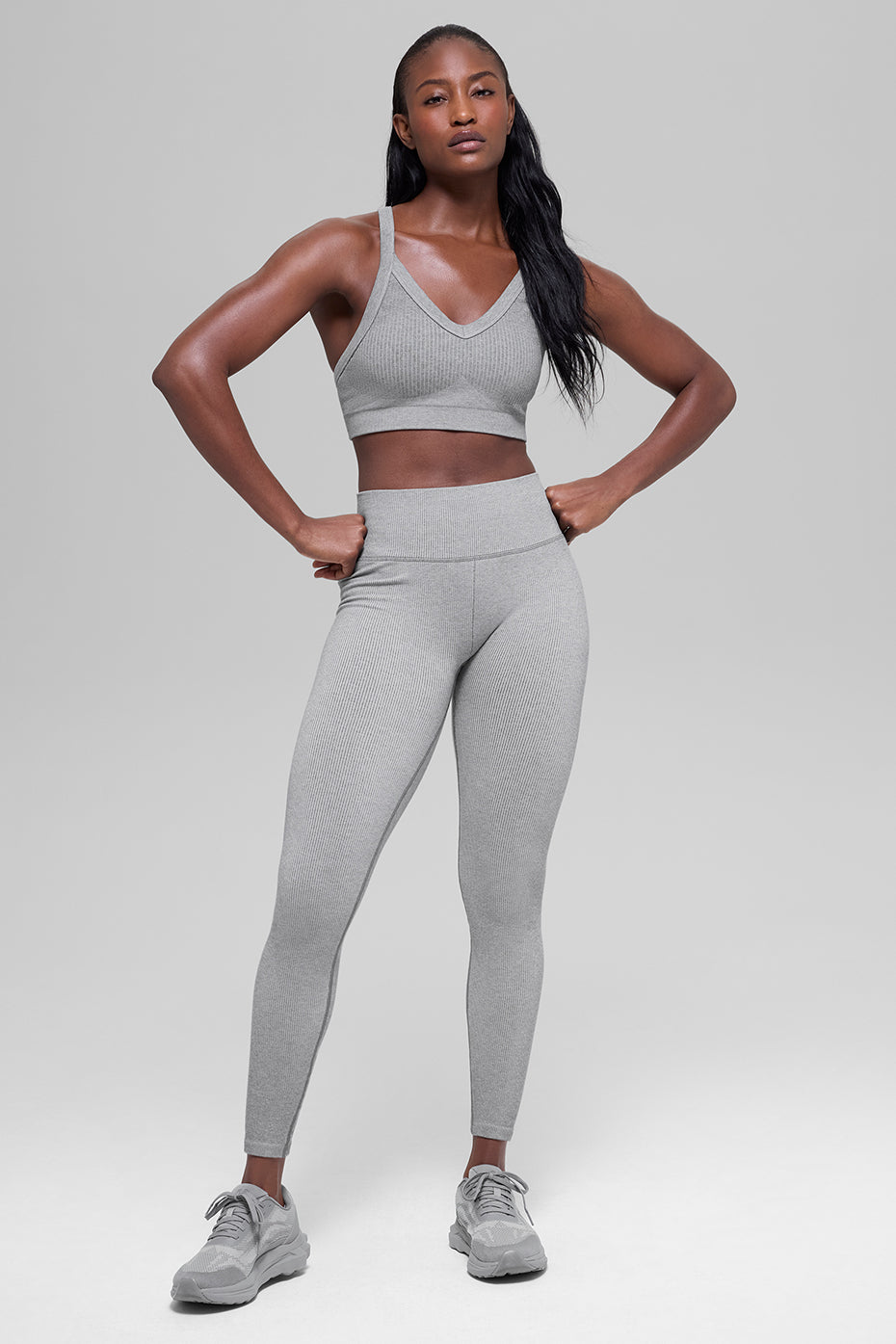 Legging taille haute bicolore côtelé sans coutures - Gris brume clair chiné