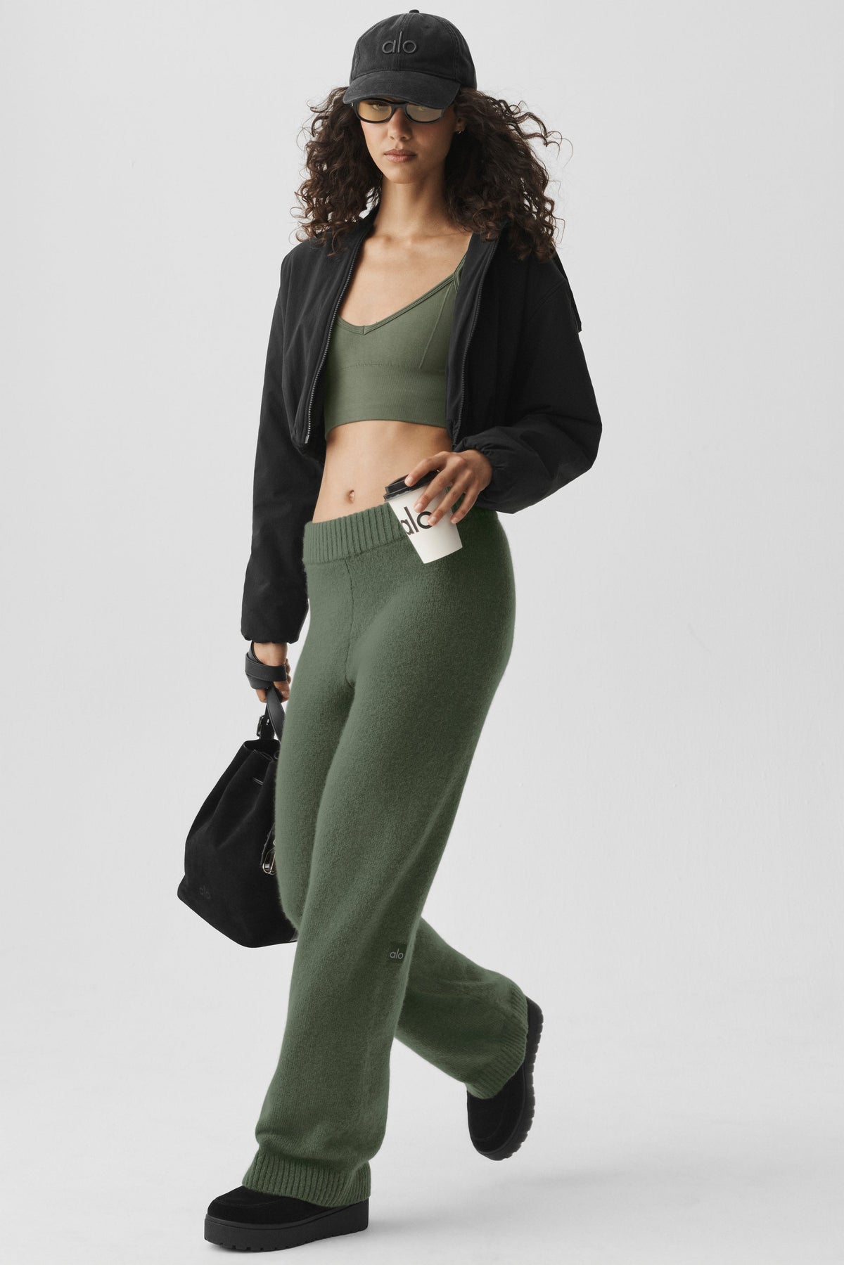 Pantalon large taille haute New Class en laine et cachemire - Vert bambou