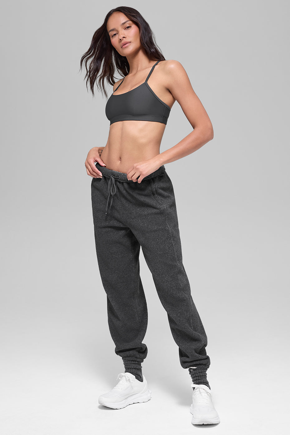 Pantalon de jogging taille haute Retreat en polaire - Gris foncé chiné