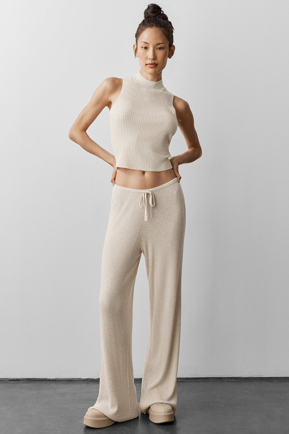 Pantalon large taille mi-haute Unwind en maille - Flocons d’avoine chiné