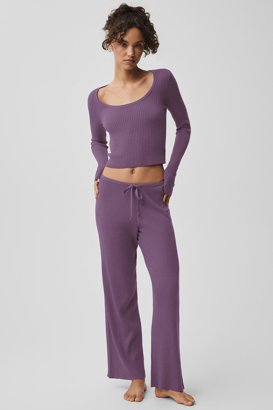 Pantalon large taille mi-haute Unwind en maille - Baiser de prune