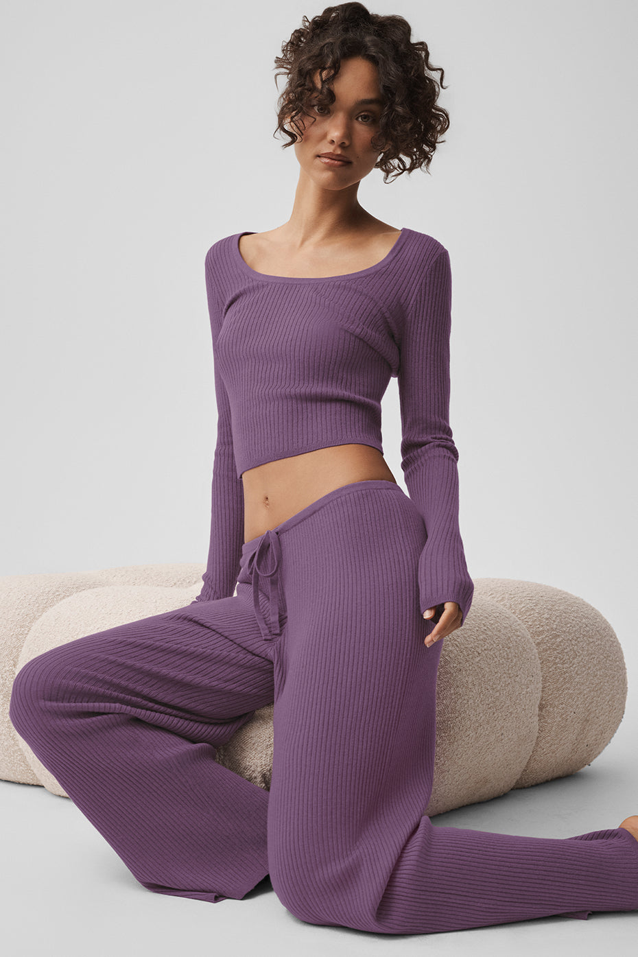 Pantalon large taille mi-haute Unwind en maille - Baiser de prune