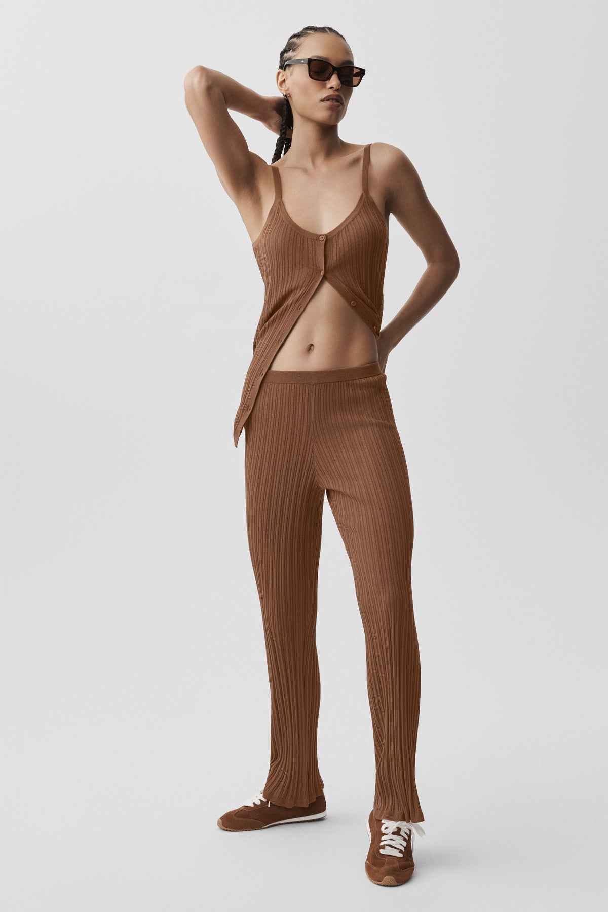 Pantalon droit taille haute Sunlit en maille - Brun ensoleillé