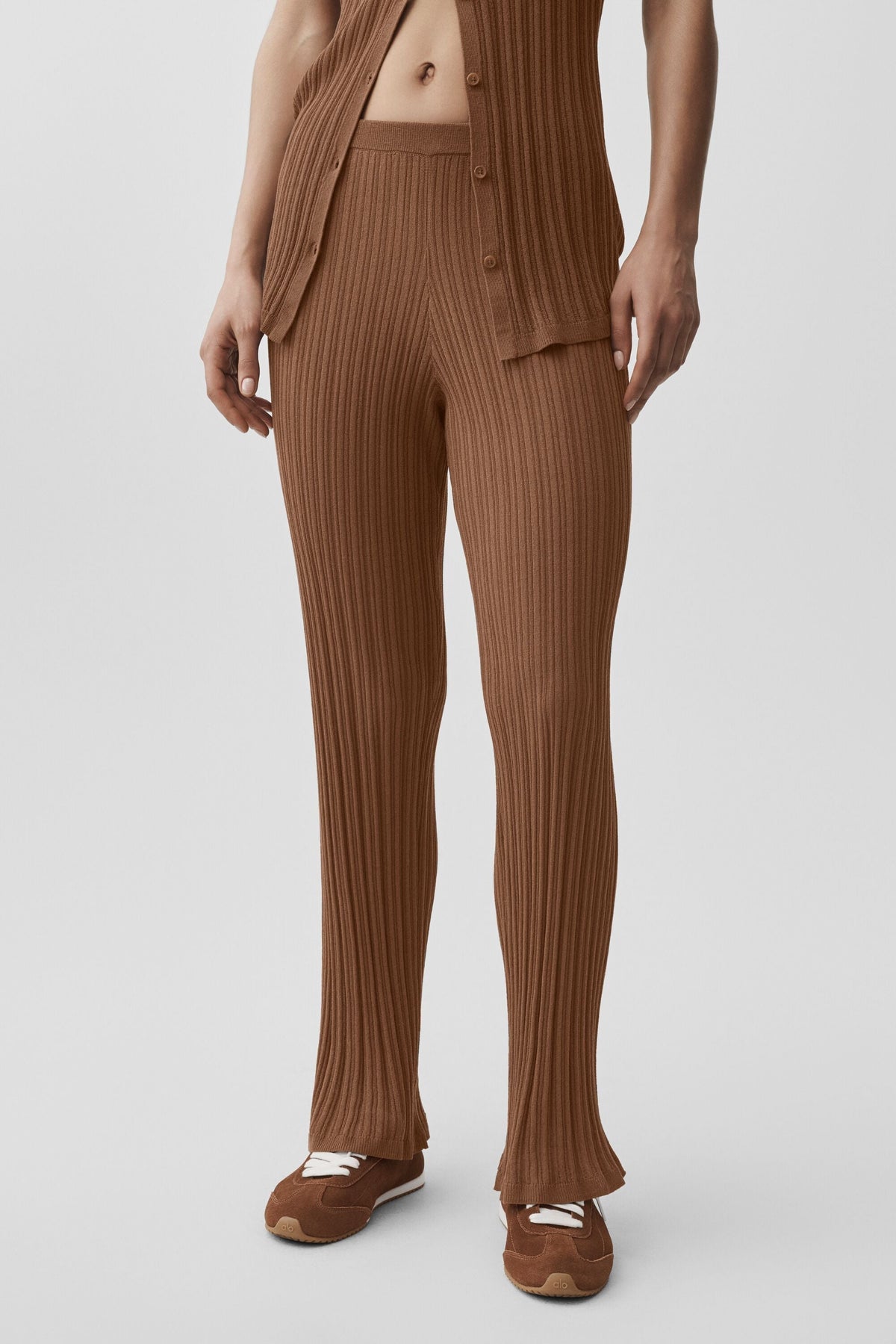 Pantalon droit taille haute Sunlit en maille - Brun ensoleillé