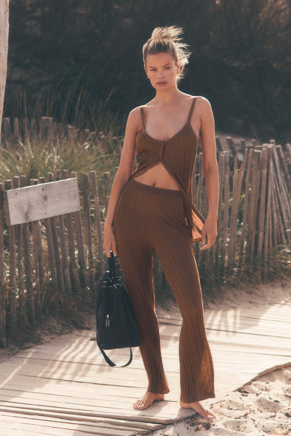 Pantalon droit taille haute Sunlit en maille - Brun ensoleillé