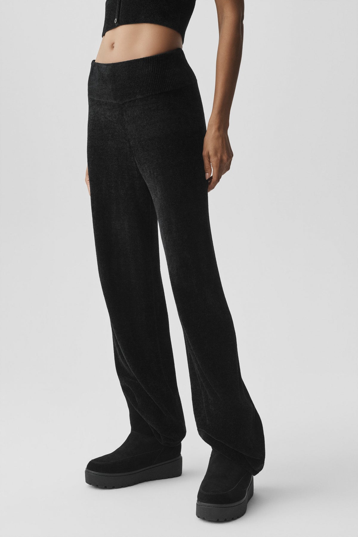 Pantalon droit taille haute en microchenille - Noir