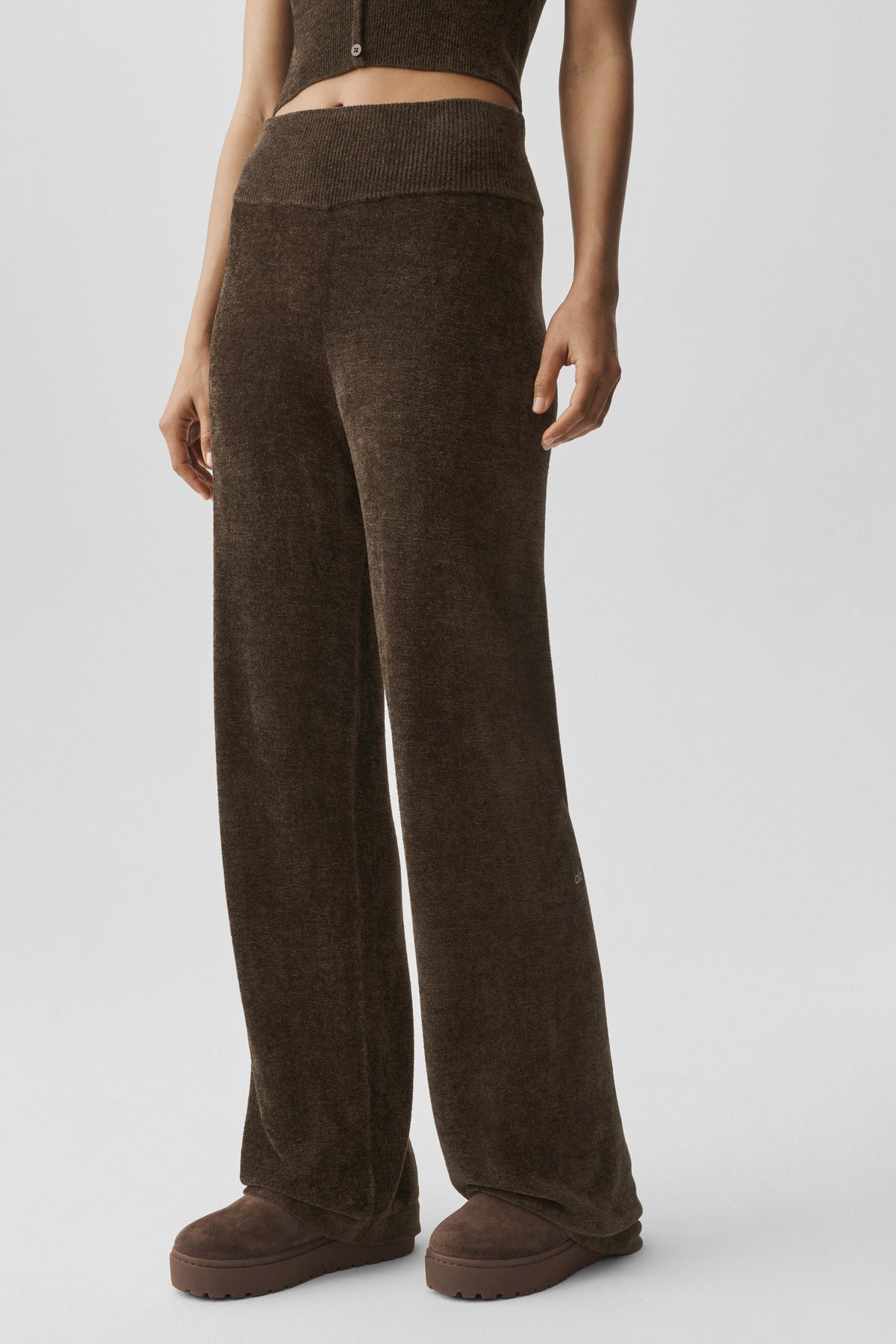 Pantalon droit taille haute en microchenille - Espresso