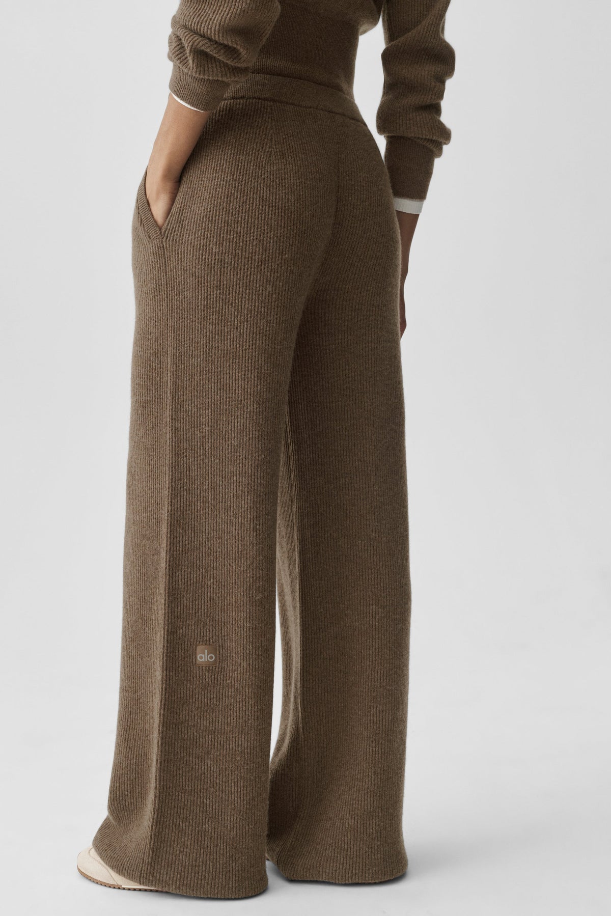 Pantalon taille basse Harmony en cachemire et laine (long) - Brun Java chiné