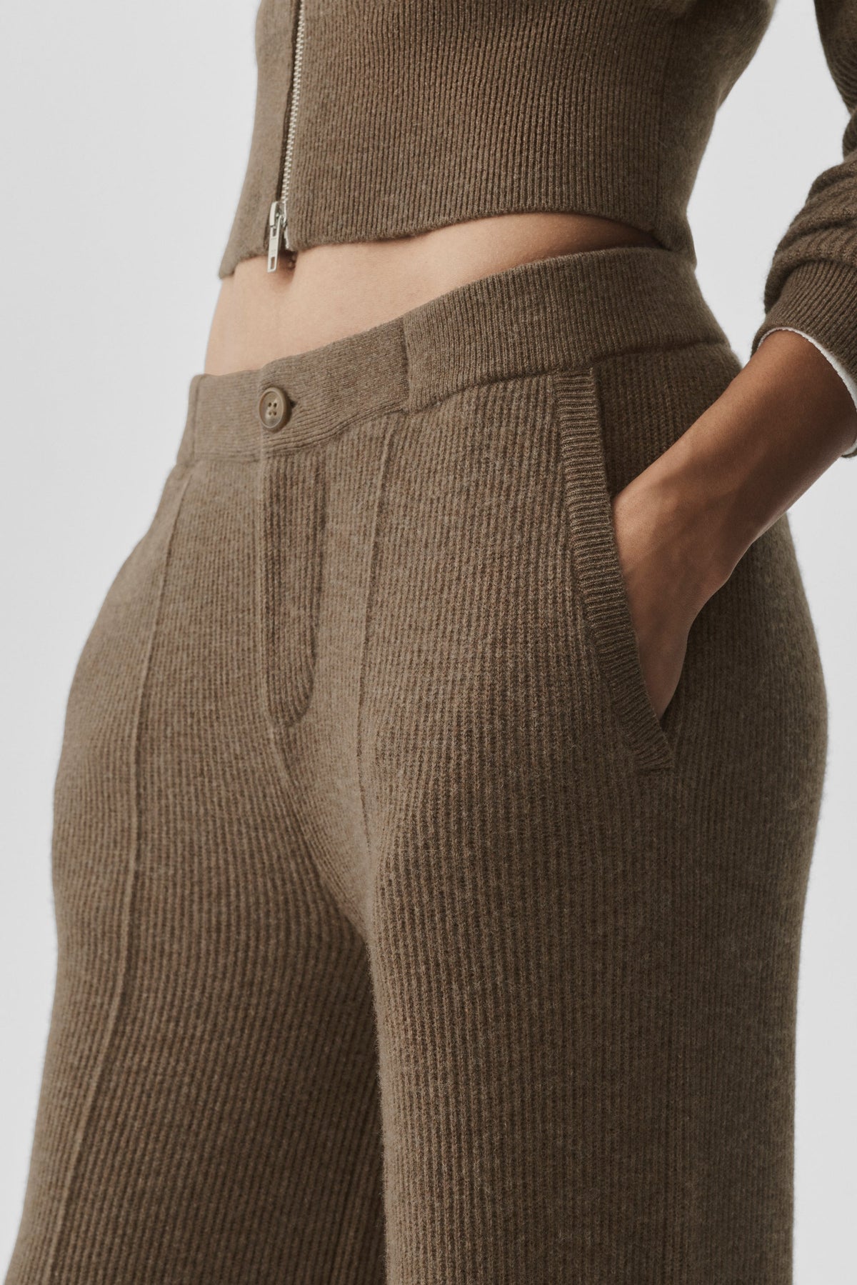 Pantalon taille basse Harmony en cachemire et laine (long) - Brun Java chiné