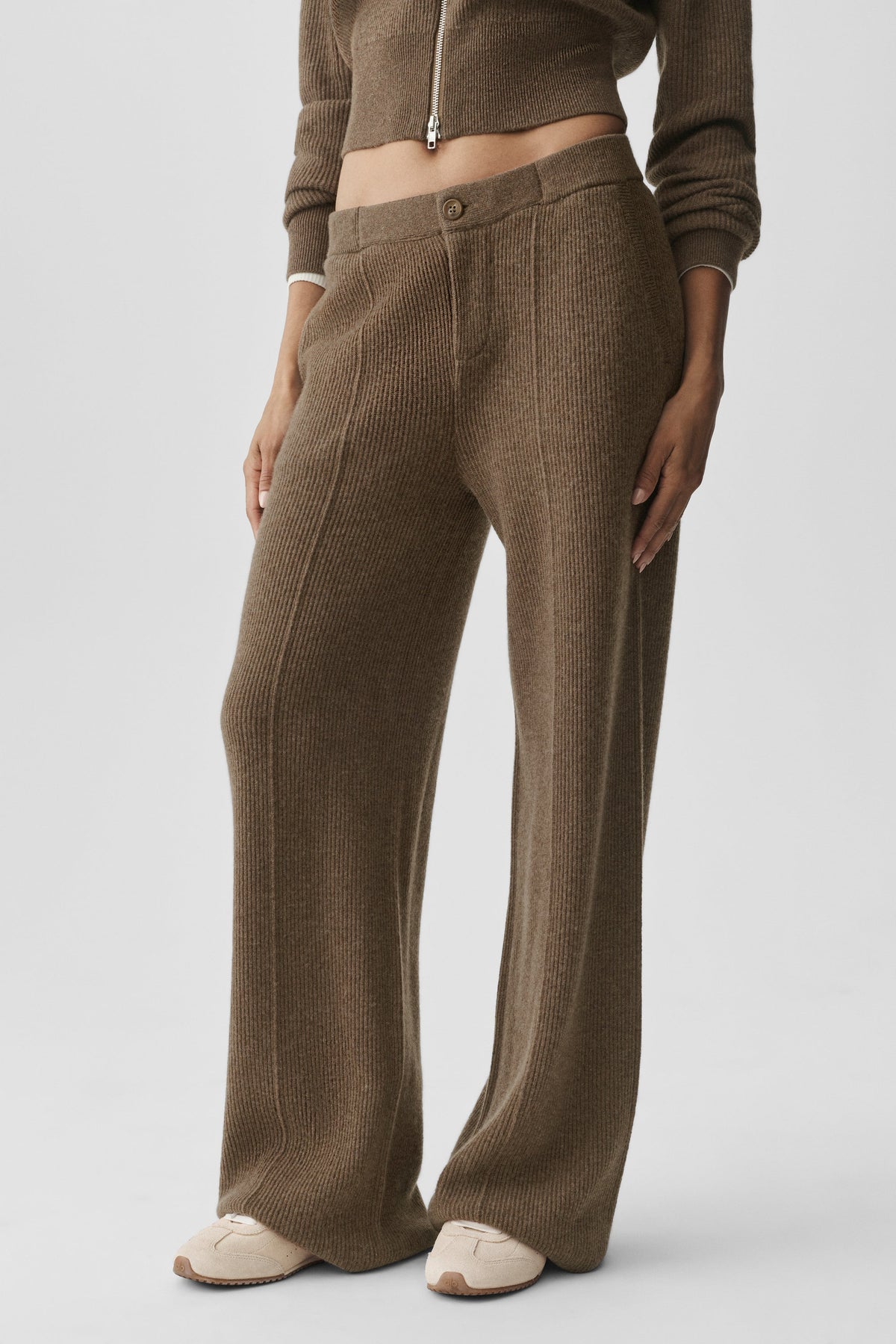 Pantalon taille basse Harmony en cachemire et laine (long) - Brun Java chiné
