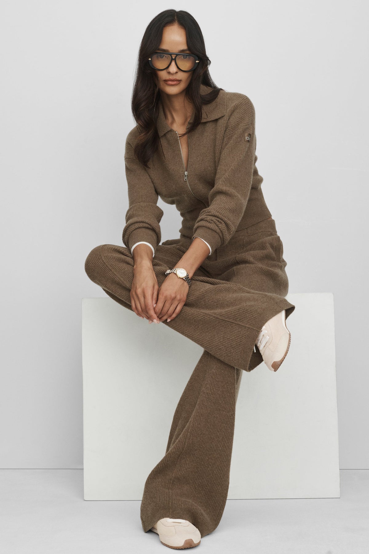 Pantalon taille basse Harmony en cachemire et laine (long) - Brun Java chiné