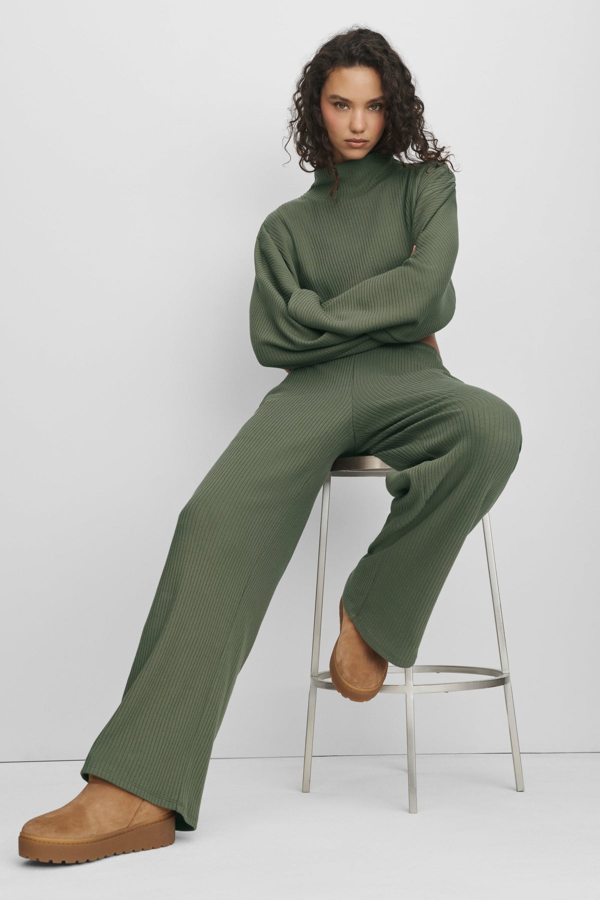 Pantalon taille mi-haute Reset côtelé - Vert bambou