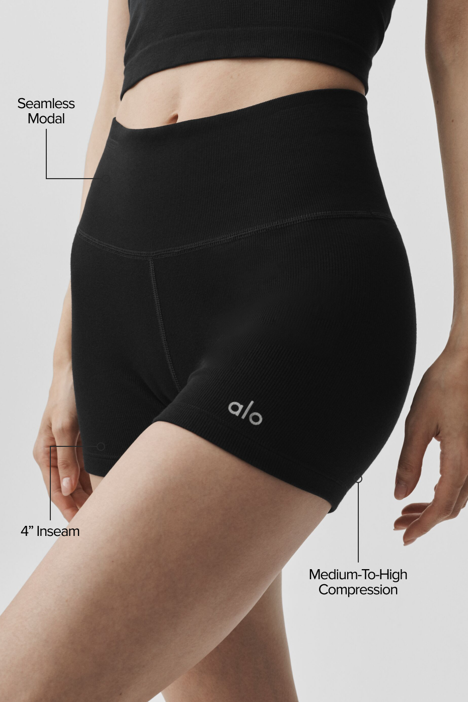 Short taille haute de 4 pouces en modal côtelé sans coutures - Noir